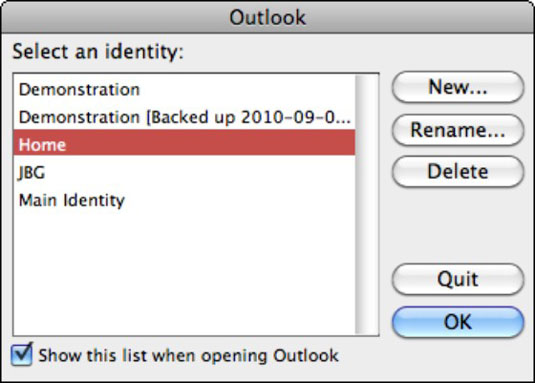 Trocando identidades do Outlook no Office 2011 para Mac