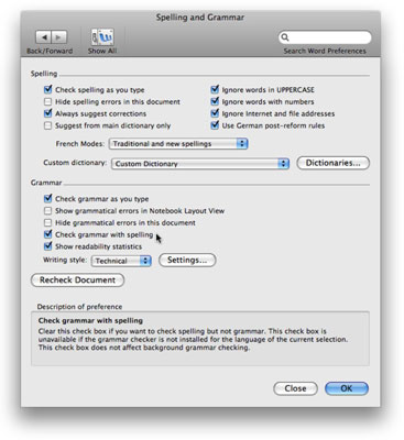 Disattivazione del controllo ortografico e grammaticale in Word per Mac