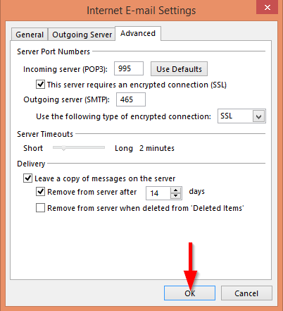 Ajustes de configuración de GMail para la instalación en Outlook para Windows