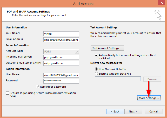 Setări de configurare Gmail pentru configurare în Outlook pentru Windows