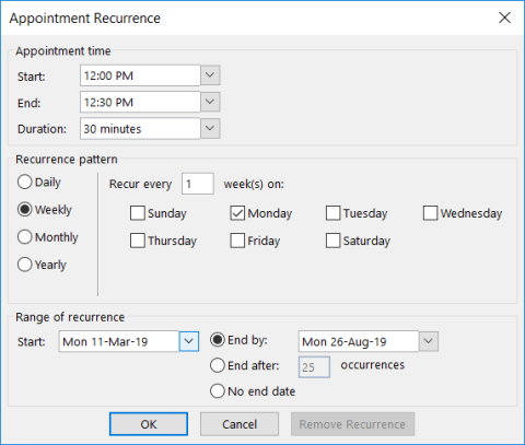 Como agendar e enviar solicitações recorrentes de reuniões, eventos e compromissos do Outlook 2019 / 365?