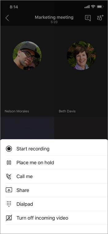 A menu in a meeting with options to start recording, place yourself on hold, call yourself, share, get a dialpad,  or turn off incoming video.