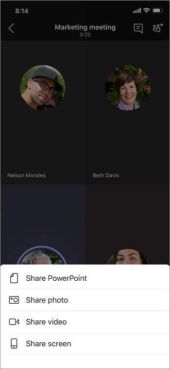 Pilihan perkongsian, termasuk berkongsi PowerPoint, foto, video atau skrin.
