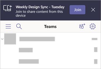 Ein Banner in Teams mit dem Hinweis, dass „Weekly Design Sync – Dienstag“ in der Nähe ist, mit der Möglichkeit, über Ihr Mobilgerät beizutreten.