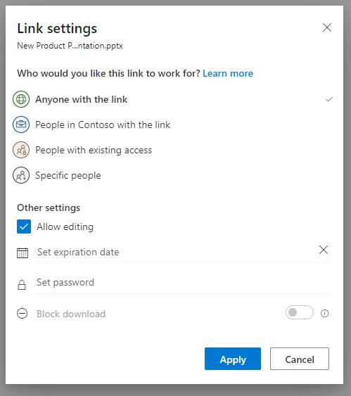 Zrzut ekranu przedstawiający wyskakujące okienko Udostępnij w usłudze OneDrive.