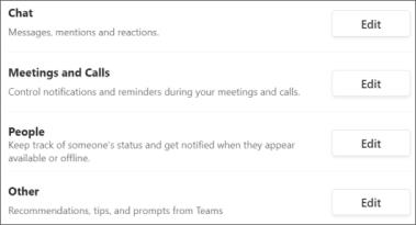 Cuplikan layar pengaturan pemberitahuan Teams untuk obrolan, rapat, orang, dan lainnya.