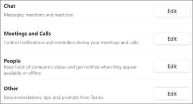 Captura de pantalla de la configuración de notificaciones de Teams para chat, reuniones, personas y otros.