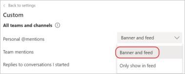 Screenshot of Teams notification settings. A red outline circles the banner and feed setting