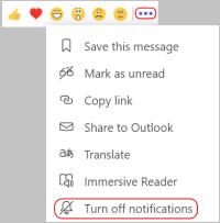 Capture d'écran du menu Plus d'options sur une conversation de canal. Une ligne rouge entoure les paramètres de désactivation des notifications.