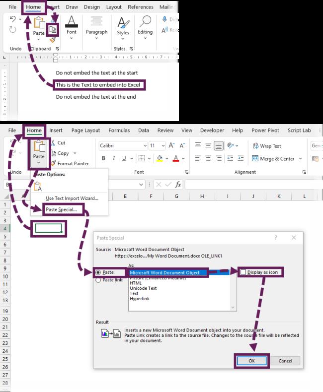 Вставить Word с помощью специальной вставки без ссылки