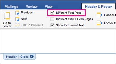 Pengaturan Halaman Pertama Berbeda disorot pada tab Header&Footer.