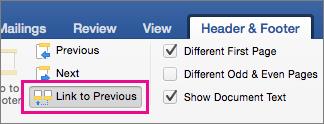 Pada tab Header dan Footer, Tautan ke Sebelumnya disorot