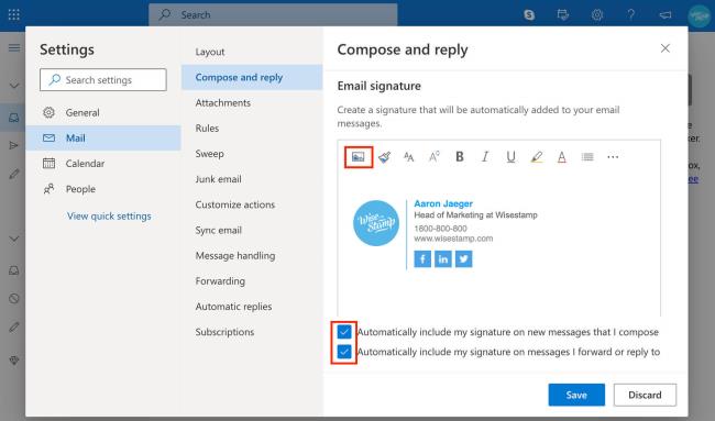 tambah tandatangan e-mel dalam apl web Outlook 365 - tambah imej atau logo - wisestamp