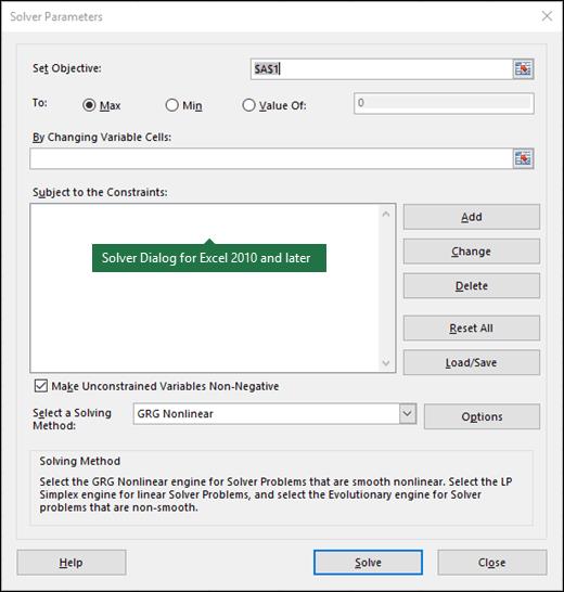 Excel 2010+ Çözücü iletişim kutusunun görüntüsü