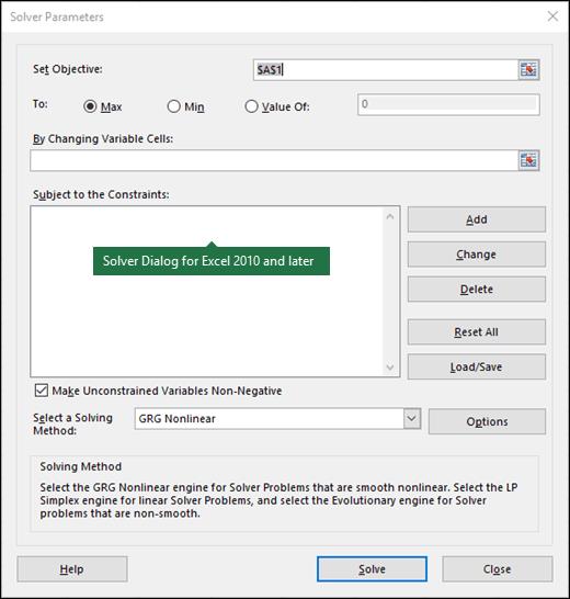 صورة لمربع حوار Excel 2010+ Solver