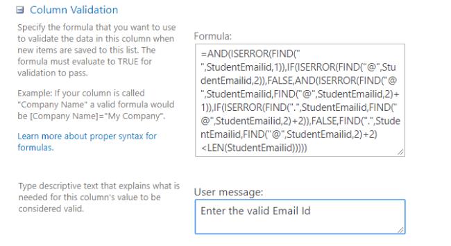 การตรวจสอบความถูกต้องของคอลัมน์อีเมล sharepoint