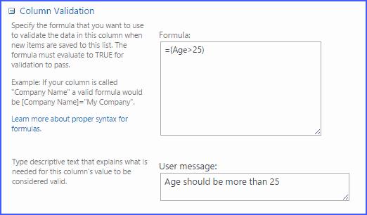 exemplos de validação de coluna do sharepoint 2013