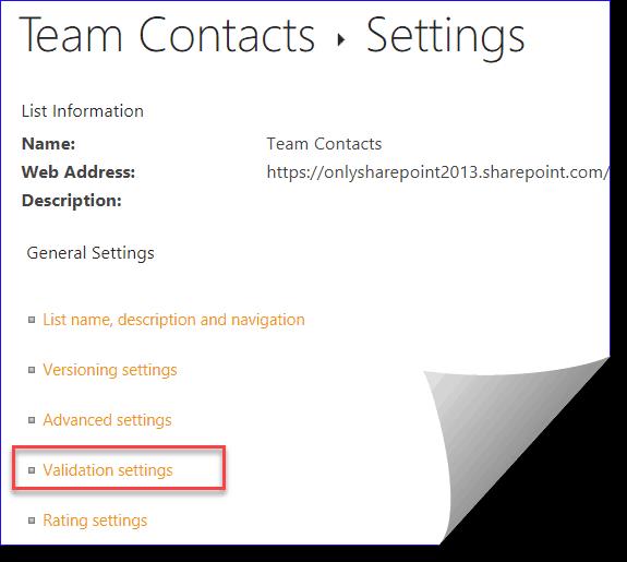 Convalida della colonna dell'elenco di SharePoint