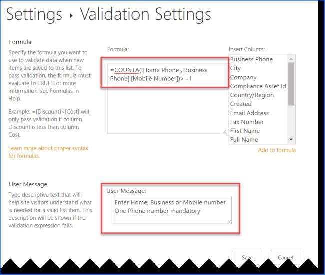 Validação de coluna da lista do SharePoint pelo menos um exemplo de validação de coluna