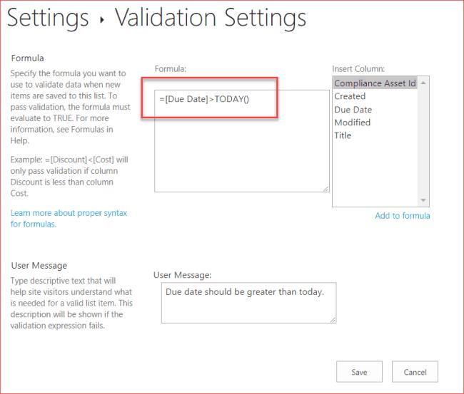 Sharepoint 열 유효성 검사 날짜