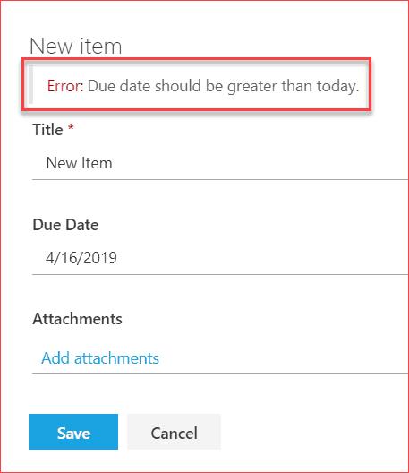 SharePoint 列の検証日は今日よりも後の日付である必要があります