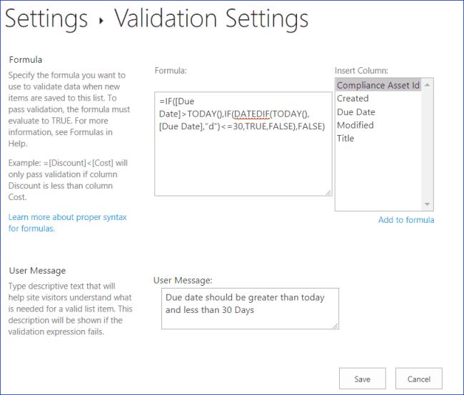 Validação de coluna do SharePoint: validação de data de início e data de término