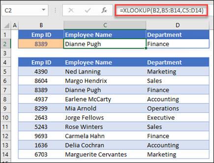 従業員 ID に基づいて従業員名と部門を返すために使用される XLOOKUP 関数の例。式は次のとおりです: =XLOOKUP(B2,B5:B14,C5:D14,0,1)