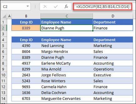 Voorbeeld van de functie XLOOKUP die wordt gebruikt om een ​​werknemersnaam en -afdeling te retourneren op basis van werknemers-IDt. De formule is: =XLOOKUP(B2,B5:B14,C5:D14,0,1)