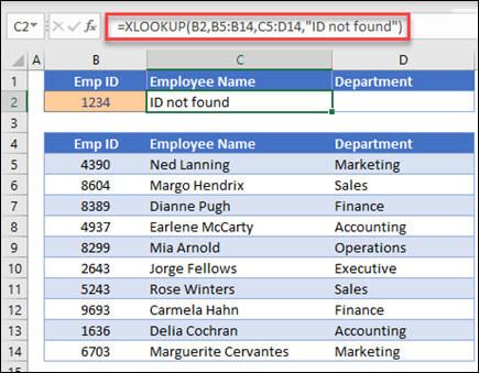 Voorbeeld van de functie XLOOKUP die wordt gebruikt om een ​​werknemersnaam en -afdeling te retourneren op basis van werknemers-ID met het argument if_not_found. De formule is =XLOOKUP(B2,B5:B14,C5:D14,0,1,"Werknemer niet gevonden")