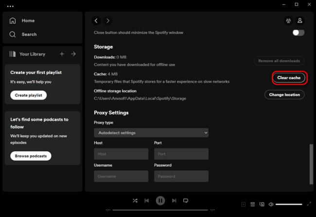 Pulizia della cache su Spotify Desktop