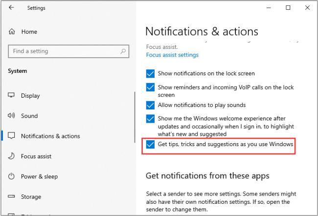 Windows를 사용할 때 팁, 요령 및 제안 보기 옵션을 선택 취소하세요.