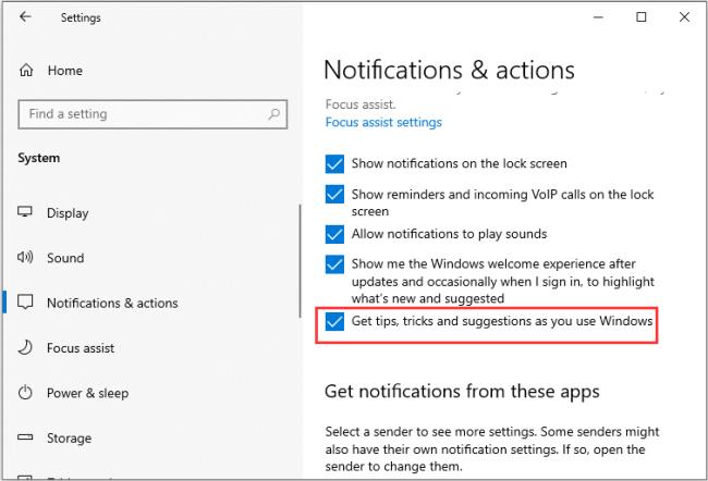 schakel de optie Tips, trucs en suggesties ontvangen terwijl u Windows gebruikt uit