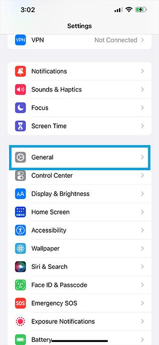 Algemeen menu in iOS-instellingen