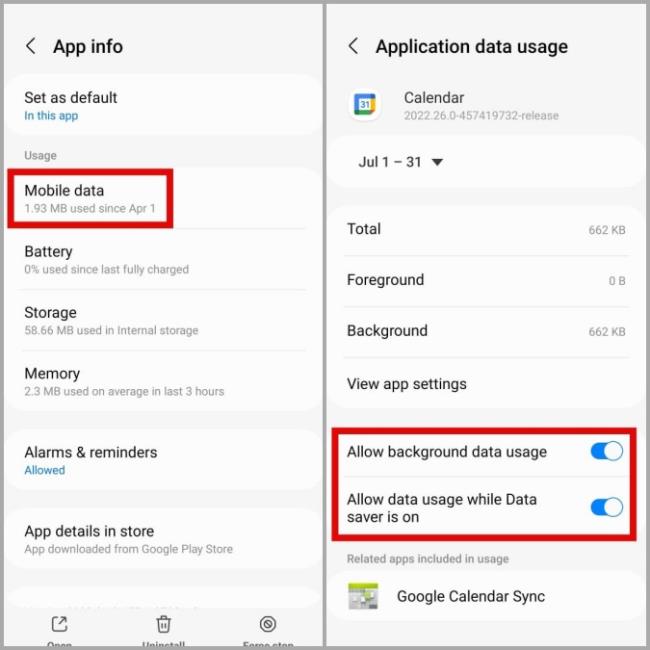 Cho phép sử dụng dữ liệu nền đối với Lịch Google trên Android