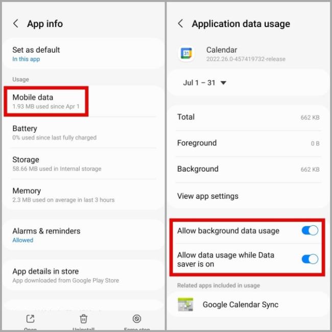 Permitir el uso de datos en segundo plano en Google Calendar en Android