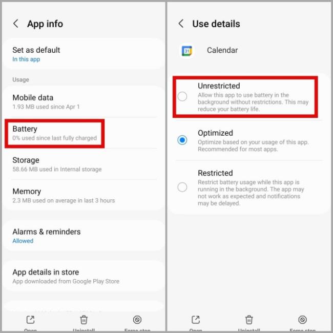 Benarkan Penggunaan Bateri Tanpa Sekatan ke Kalendar Google pada Android
