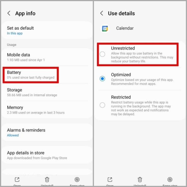 Permitir el uso de batería sin restricciones en Google Calendar en Android