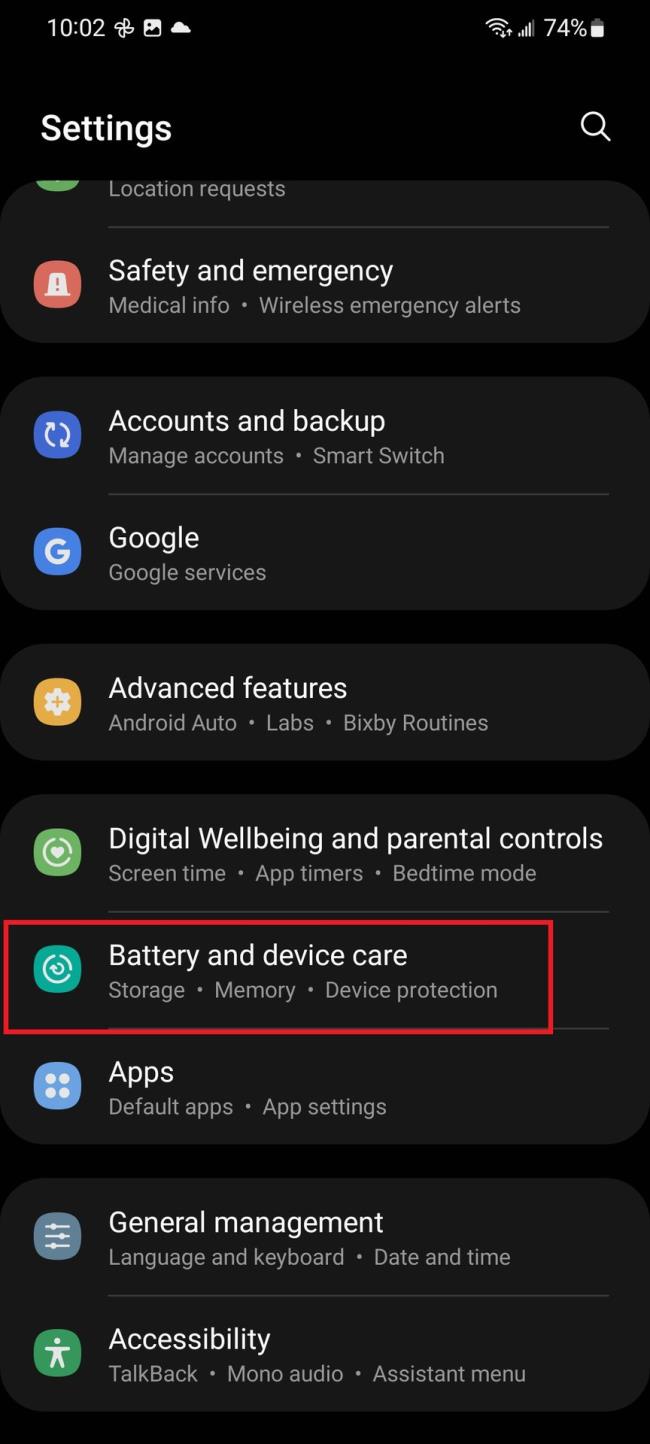 Configuración de Samsung, cuidado de la batería y del dispositivo.