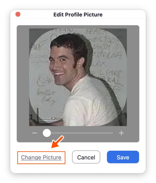 [プロフィール画像の編集] ウィンドウで [画像の変更] をクリックし、使用する新しい画像を選択する方法を示すライター。