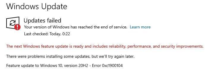 Обновление функций до windows 10 версия 20h2 ошибка 0xc1900104
