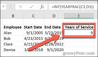 Cách tính số năm phục vụ trong Excel