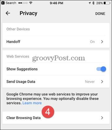 iOS에서 Chrome 브라우저 캐시, 기록 및 쿠키를 지우는 방법