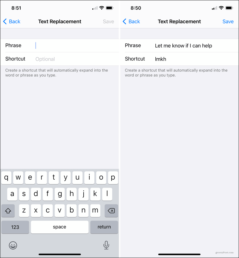Economisiți timp de tastare cu înlocuiri de text pe iPhone
