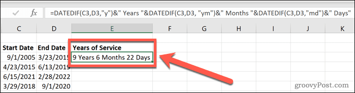 Cách tính số năm phục vụ trong Excel