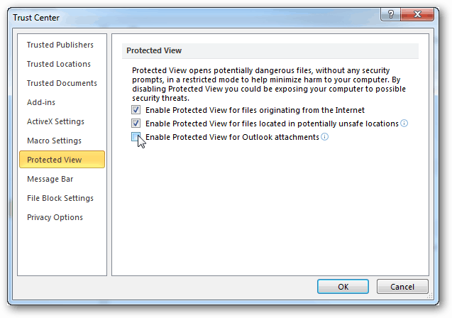 Dezactivați vizualizarea protejată pentru atașamentele Outlook