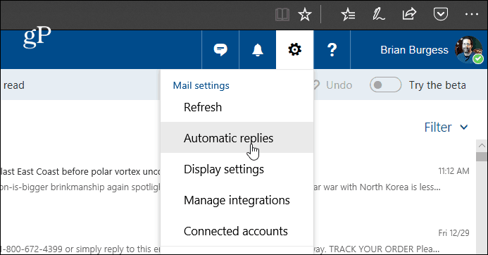 Creați răspunsuri automate în Outlook.com și Windows 10 Mail App