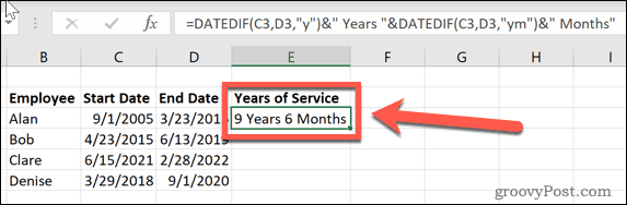如何在 Excel 中計算服務年限