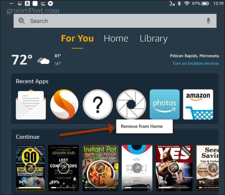 Rimuovi elementi dalla schermata iniziale di Kindle Fire
