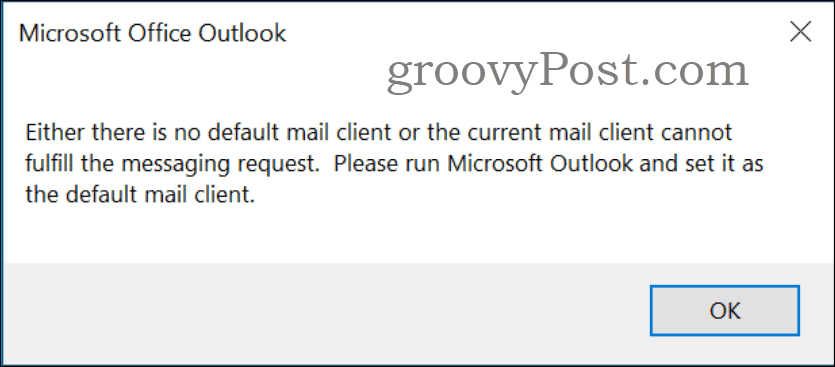 Correggi l'errore di Outlook: non esiste un client predefinito o un errore... corrente