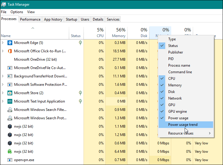 Monitorizați utilizarea energiei aplicației în Windows 10 Task Manager